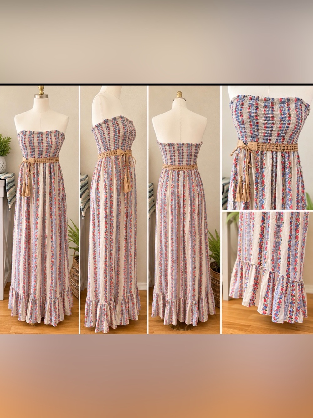 Twisted Angel Boho Floral Smocked Maxi Dress w/ Tassel Belt | L Fits S-L ⭐